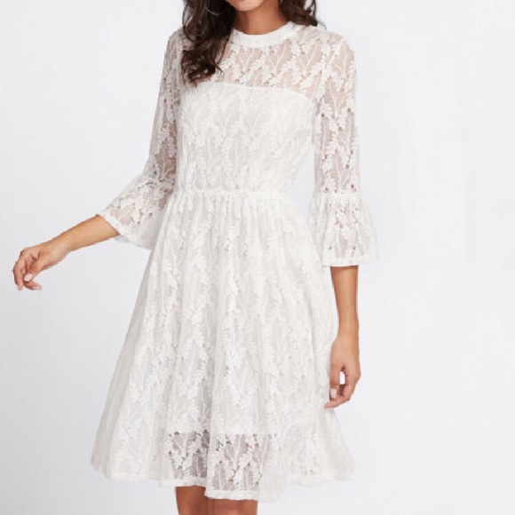 Delicate White Lace Bell Sleeve Dress - Picture 3 of 8